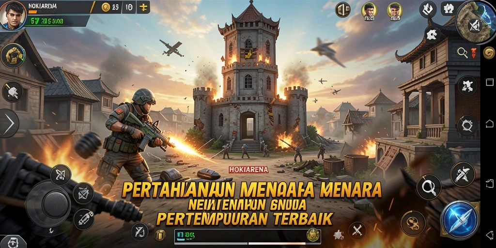 Tampilan utama gameplay HOKIARENA dengan menara yang siap bertahan.