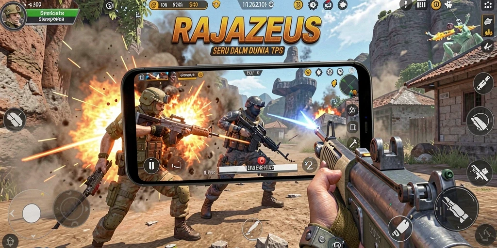Tampilan dinamis gameplay RAJAZEUS dalam aksi TPS.