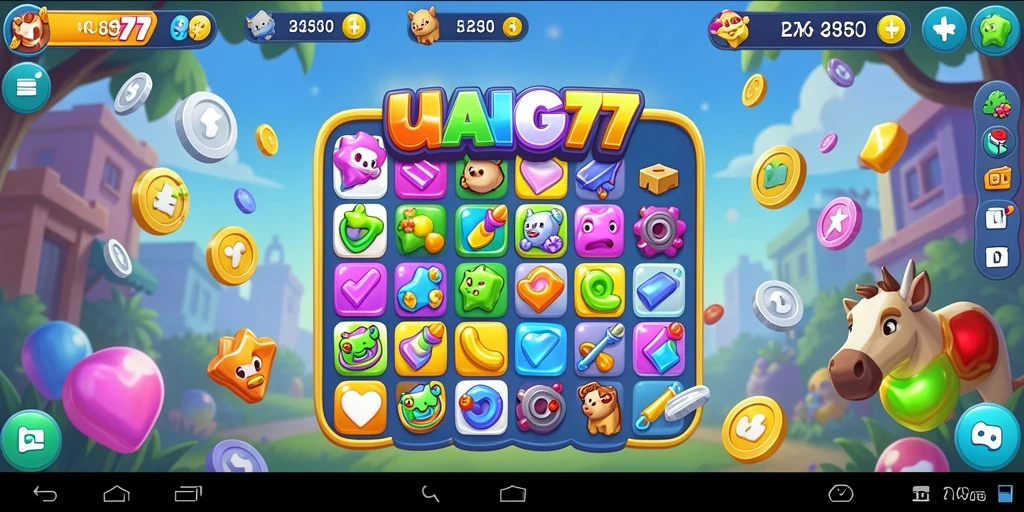 Gameplay UANG77 menampilkan pencocokan item yang menarik dan penuh warna.